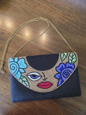 Beaded Floral Face Envelope Clutch - Black with Teal & Purple Accents